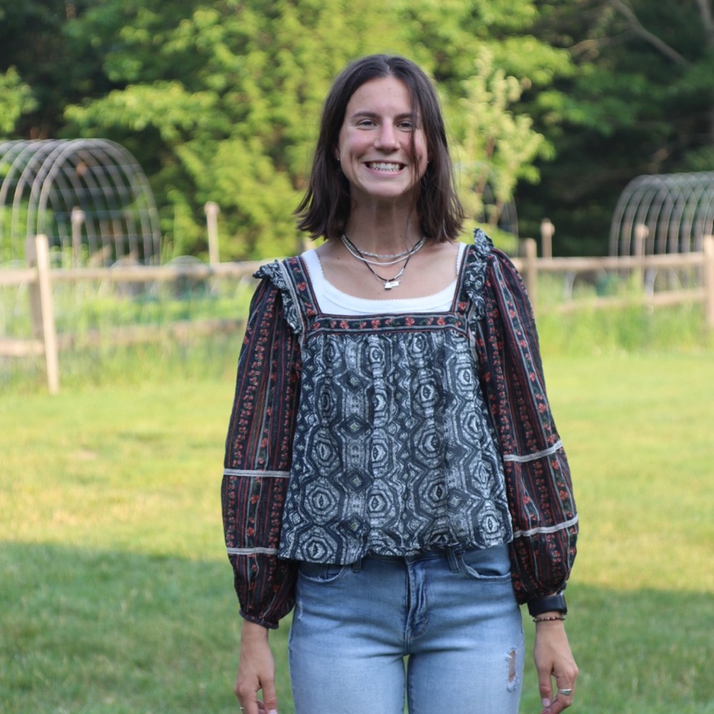 Free People Black and Blue Puff Sleeve Smocked Blouse